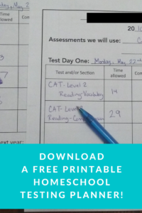 Click to Download your Free Printable Homeschool Testing Planner and Read how to test your homeschoolers without Stress!